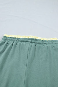 Sea Green Color Block Flower Patchwork Drawstring Contrasted Elastic Waist Wide Leg Pants