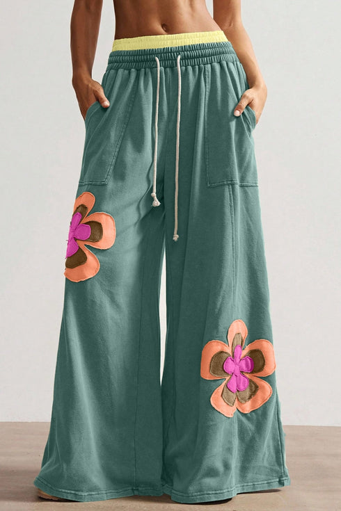 Sea Green Women's Wide Leg Color Block Pants with Flower Patchwork, Drawstring, and Elastic Waist for Ultimate Comfort