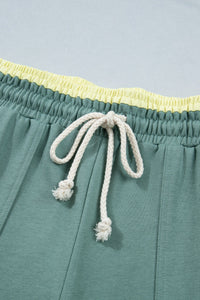 Sea Green Color Block Flower Patchwork Drawstring Contrasted Elastic Waist Wide Leg Pants