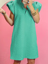 Seafoam Green Ruffle V-Neck Puff Sleeve Textured Shift Mini Dress