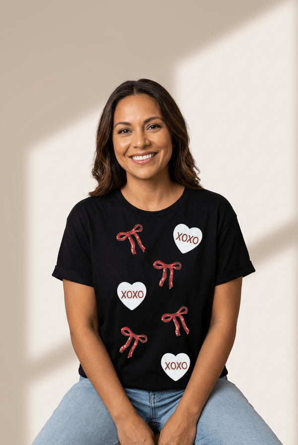 Sequin Bow & Heart Valentine's Graphic Tee in Black
