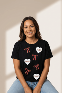 
Sequin Bow & Heart Valentine's Graphic Tee in Black