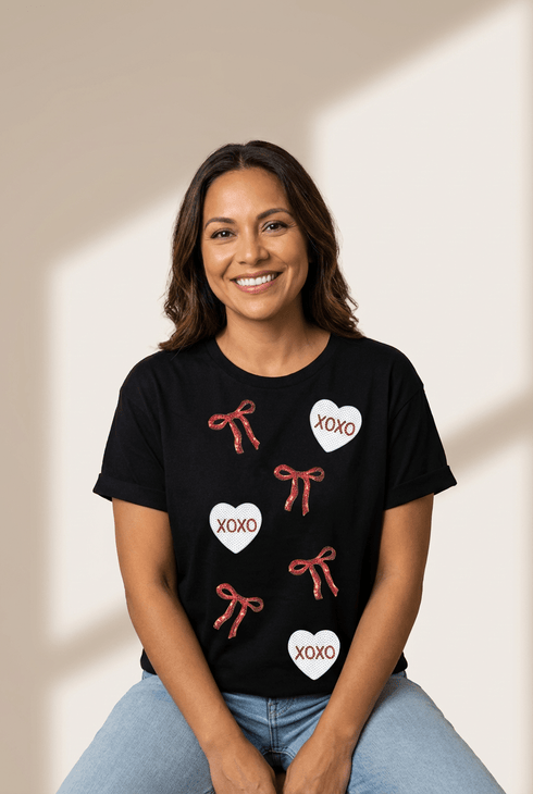 Sequin Bow & Heart Valentine's Graphic Tee in Black