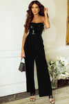 Sequin Embellished Black Tube Top Flared Jumpsuit