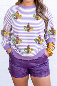 Women's Sequin Fleur De Lis Purple Striped Long Sleeve Top