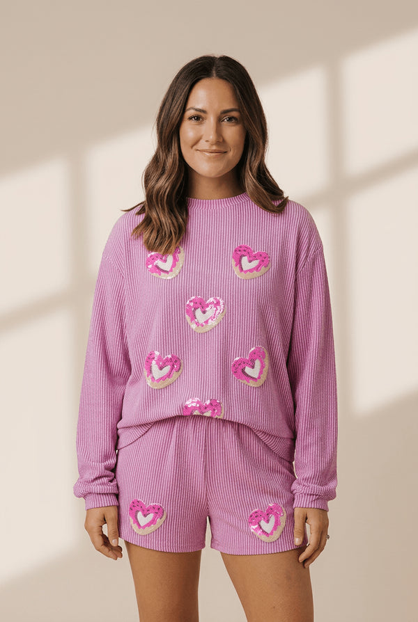 Women's Sequin Heart Donut Ribbed Pullover and Shorts Set