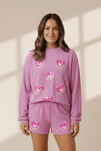 Women's Sequin Heart Donut Ribbed Pullover and Shorts Set