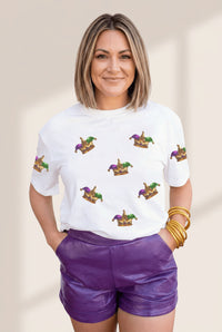 Women's Sequin Jester Crown T-Shirt in White Cotton Blend