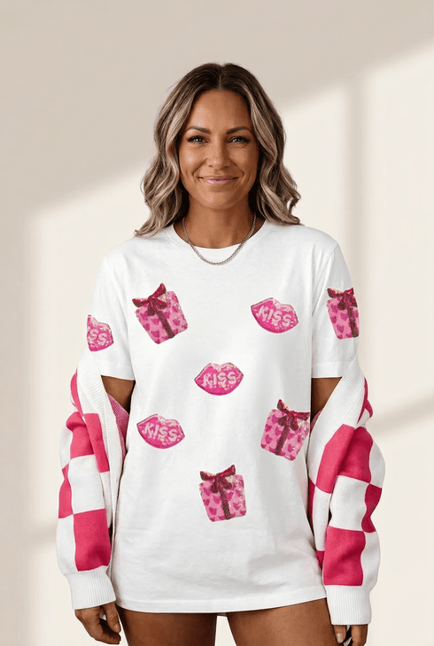 Sequin Kiss & Gift Box Graphic T-Shirt in White