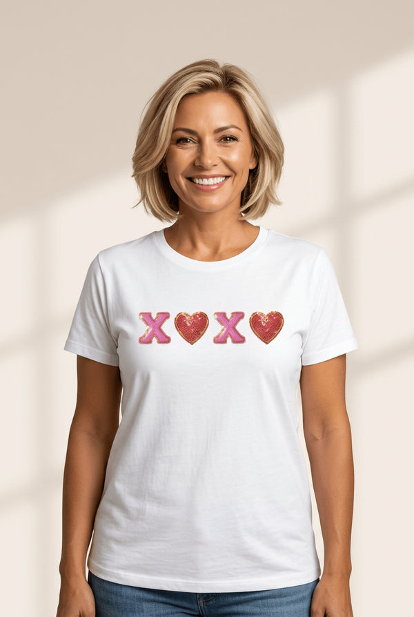 Women's Sequin XOXO Heart White Cotton-Blend Graphic T-Shirt