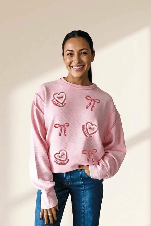 Women's Sequined Ribbed Knit Graphic Tee with Exposed Seams