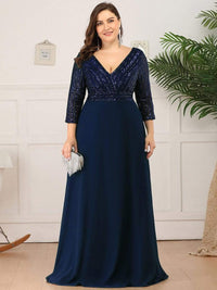 Sexy V Neck Sequin Evening Dresses with 3/4 Sleeve