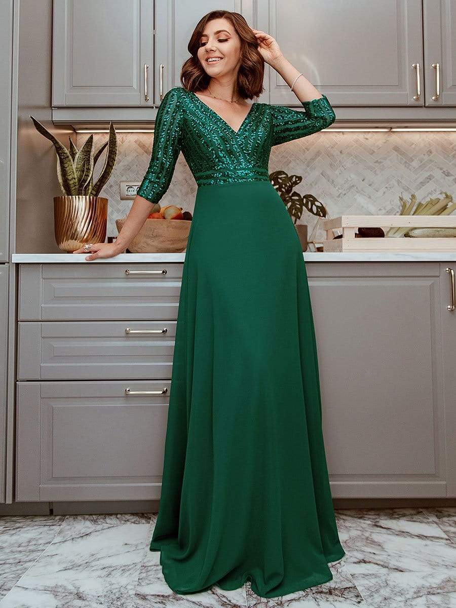 green emerald velvet dress Women's Vintage V-Neck 3/4 Sleeve Ruffle Cocktail Formal Pencil Dress –  Aisize main image 1