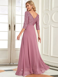 Sexy V Neck Sequin Evening Dresses with 3/4 Sleeve