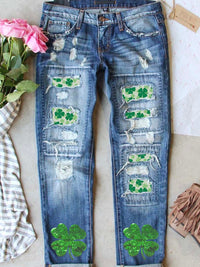 Shimmering Clover Patch Denim Jeans for St. Patrick's Day