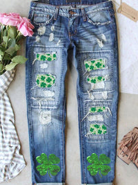 Women's St. Patrick's Day Sequin Clover Distressed Denim Jeans
