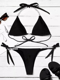Shimmering Rhinestone Tie Halter Bikini Set