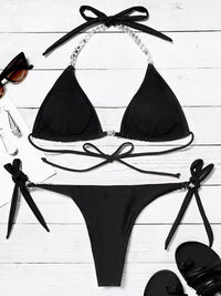 Shimmering Rhinestone Tie Halter Bikini Set