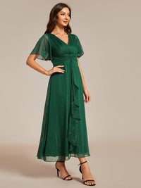 Shimmery V Neck Tea Length Wedding Guest Dress With Short Sleeves