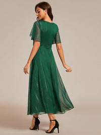 Shimmery V Neck Tea Length Wedding Guest Dress With Short Sleeves