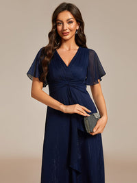 Shimmery V Neck Tea Length Wedding Guest Dress With Short Sleeves