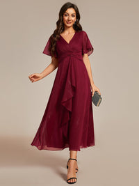 Shimmery V Neck Tea Length Wedding Guest Dress With Short Sleeves