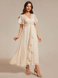 Shimmery V Neck Tea Length Wedding Guest Dress With Short Sleeves