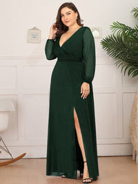 Shiny Puff Sleeve V-Neck Evening Gown for Curvy Women