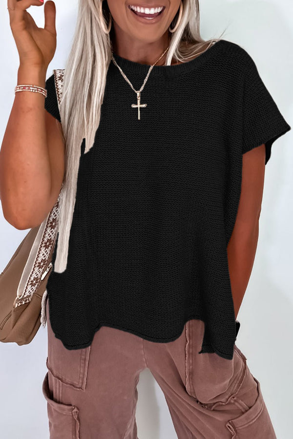 Women's Short Sleeve Cotton Blend Knit Sweater Tee in Onyx Black