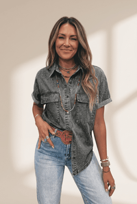 Women's Short Sleeve Mineral Wash Denim Shirt in Medium Grey