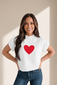 Women's Short Sleeve White Heart Graphic Cropped Sweater