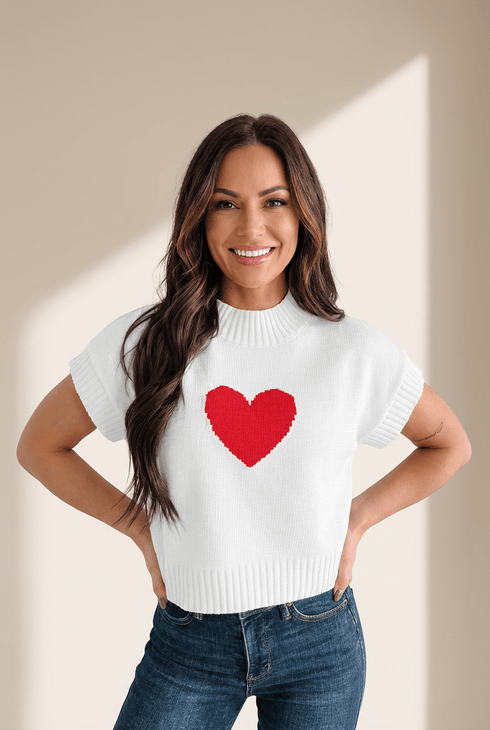 Women's Short Sleeve White Heart Graphic Cropped Sweater