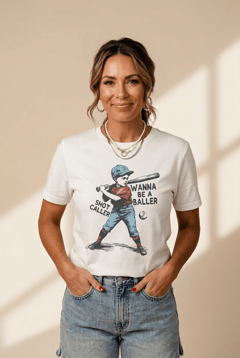 Women's Shot Caller Graphic Tee: Retro Baseball Jersey Style