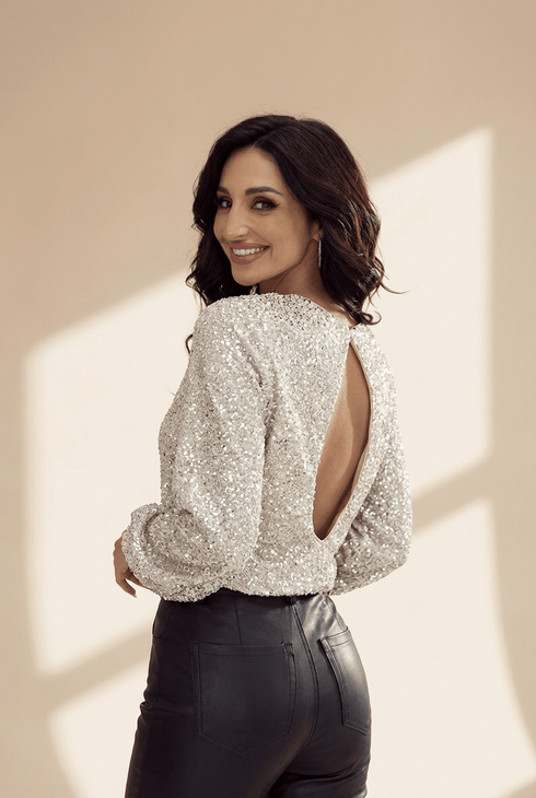 Women's Silver Sequin Puff Sleeve Blouse with Cutout Back