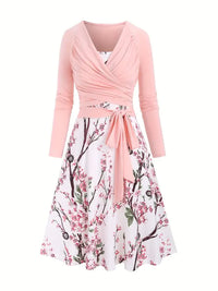 Simple Casual Two-piece Set, Solid Tucked Tops & Floral Print Spaghetti Strap Dress, Women's Outfit