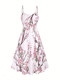 Simple Casual Two-piece Set, Solid Tucked Tops & Floral Print Spaghetti Strap Dress, Women's Outfit