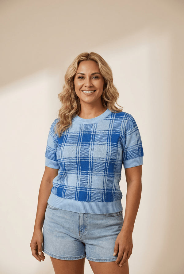 Women's Skobeloff Blue Plaid Crochet Knit Short Sleeve Sweater