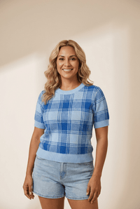 Women's Skobeloff Blue Plaid Crochet Knit Short Sleeve Sweater