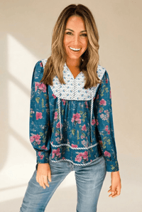 Women's Sky Blue 100% Cotton Floral Blouse with Striped Trim