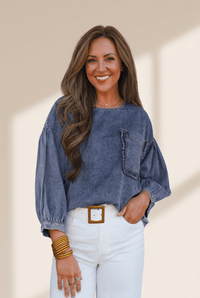 Women's Sky Blue 100% Cotton Ruffled Denim Blouse with 3/4 Sleeves