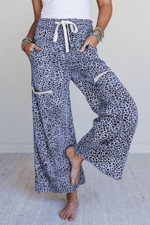 Women's Sky Blue Leopard Print Wide Leg Terry Lounge Pants