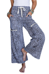 Sky Blue Animal Print Wide Leg Terry Knit Pants