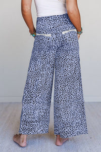 Sky Blue Animal Print Wide Leg Terry Knit Pants