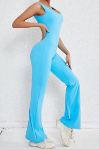Sky Blue Backless Cut Out Wide Leg Yoga Jumpsuit