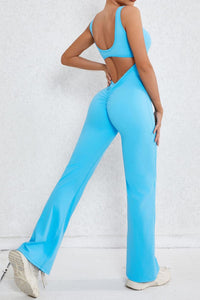 Sky Blue Backless Cut Out Wide Leg Yoga Jumpsuit