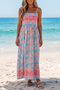 Sky Blue Bohemian Maxi Dress for Women with Ethnic Print, Spaghetti Straps - Ideal Vacation & Summer Style
