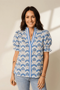 Women's Sky Blue Cotton-Viscose Floral V-Neck Blouse with Flounced Sleeves