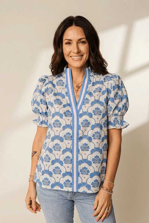 Women's Sky Blue Cotton-Viscose Floral V-Neck Blouse with Flounced Sleeves
