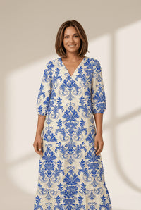 Women's Sky Blue Damask Boho Maxi Dress with V-Neck and Half Sleeves