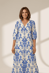 Women's Sky Blue Damask Boho Maxi Dress with V-Neck and Half Sleeves